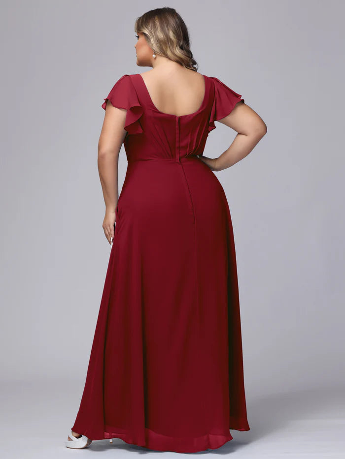 Plus Size Glamorous A-Line Deep V-Neck Ruffled-Sleeve Square-Back Burgundy Chiffon Floor-Length Bridesmaid Dresses