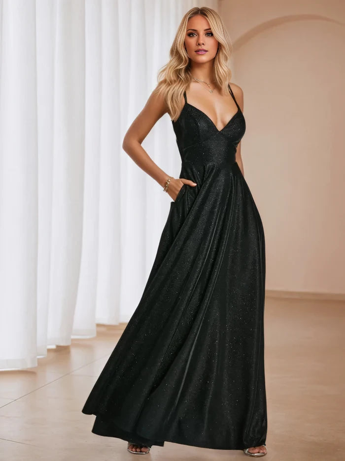 Glamorous A - Line Deep V - Neck Sleeveless Criss - Cross Back Long Length Prom Dresses