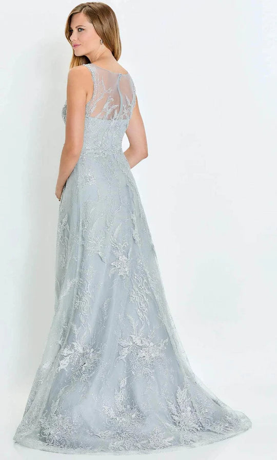 Glamorous A-Line Deep-V-Neck Sleeveless Floral-Lace-Slit-Back Dusty Blue Tulle Floor-Length Mother of the Bride Dresses