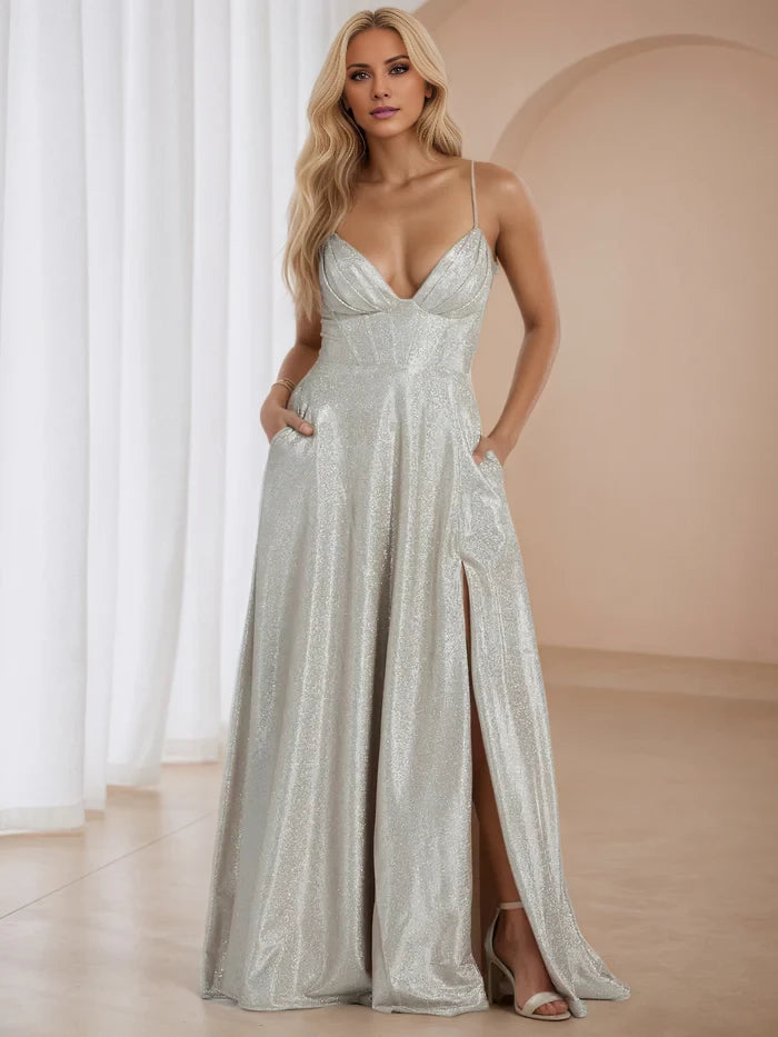 Glamorous A - Line Deep V - Neck Sleeveless Open Back Long Length Prom Dresses