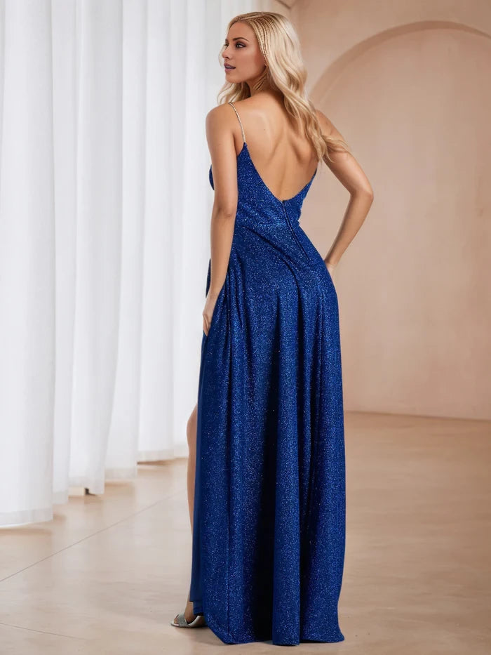 Glamorous A - Line Deep V - Neck Sleeveless Open Back Long Length Prom Dresses