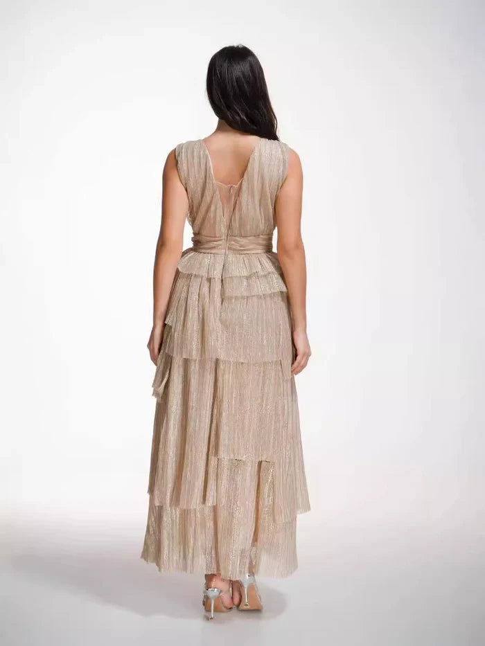Glamorous A - Line Deep V - Neck Sleeveless Tie Back Midi Length Prom Dresses