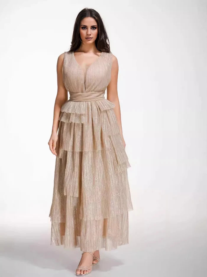 Glamorous A - Line Deep V - Neck Sleeveless Tie Back Midi Length Prom Dresses