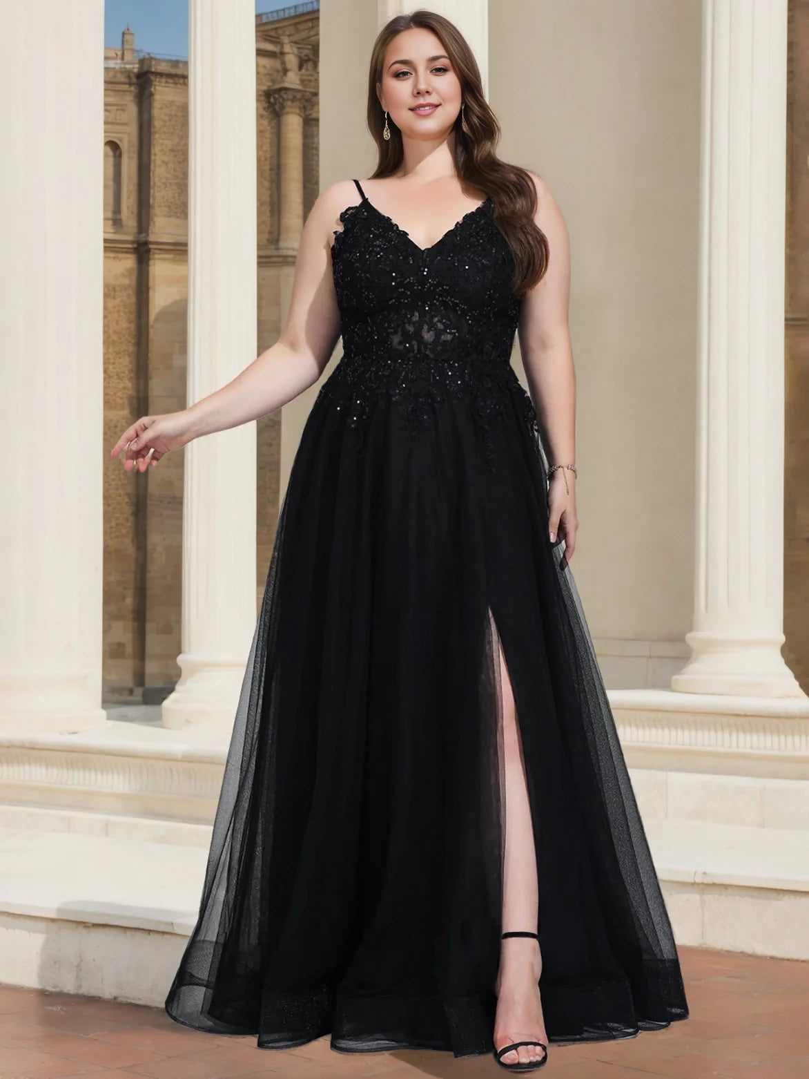 Plus Size Glamorous A - Line Deep V - Neck Spaghetti Strap Zipper Back Long Length Prom Dresses
