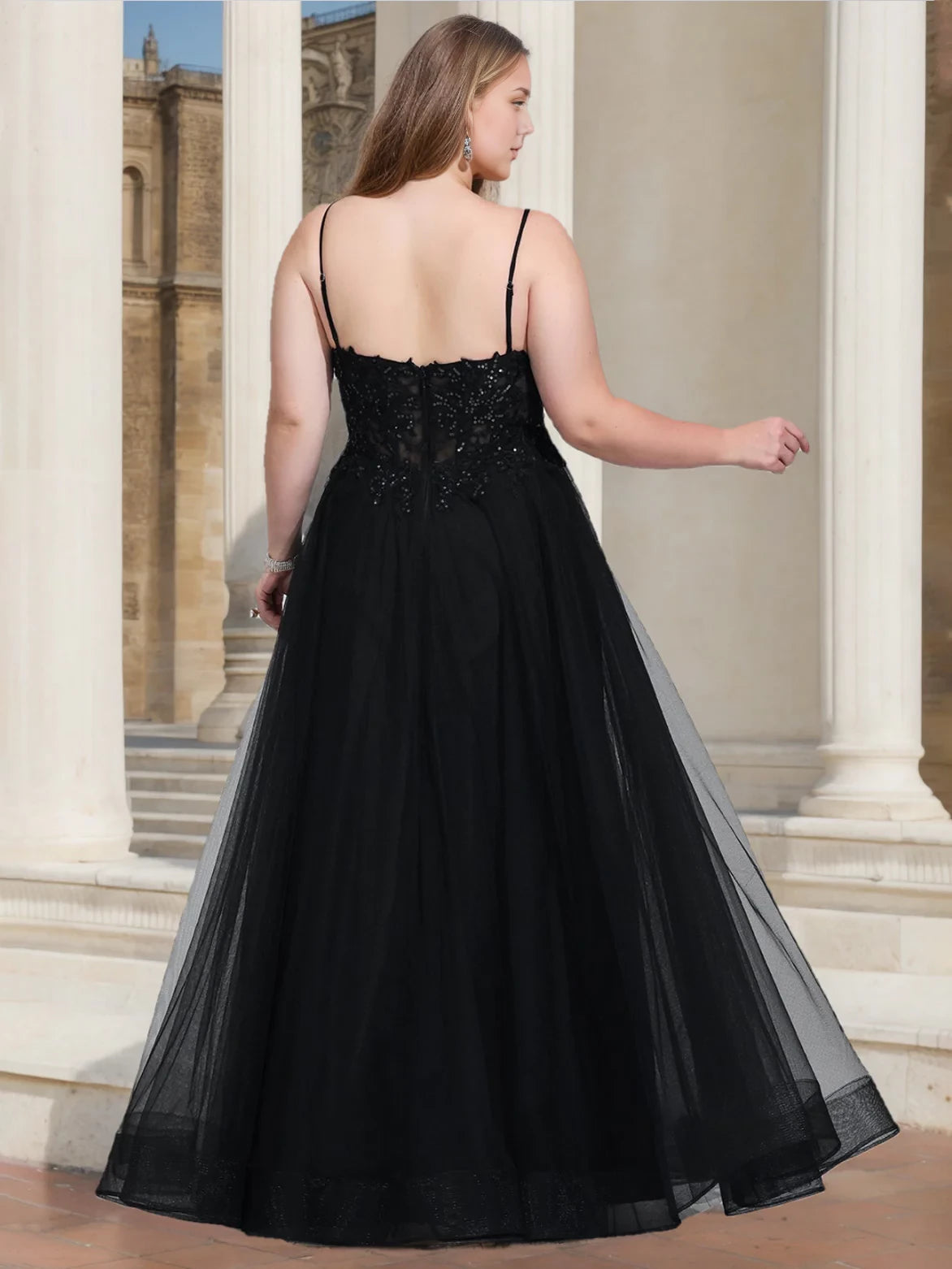 Plus Size Glamorous A - Line Deep V - Neck Spaghetti Strap Zipper Back Long Length Prom Dresses