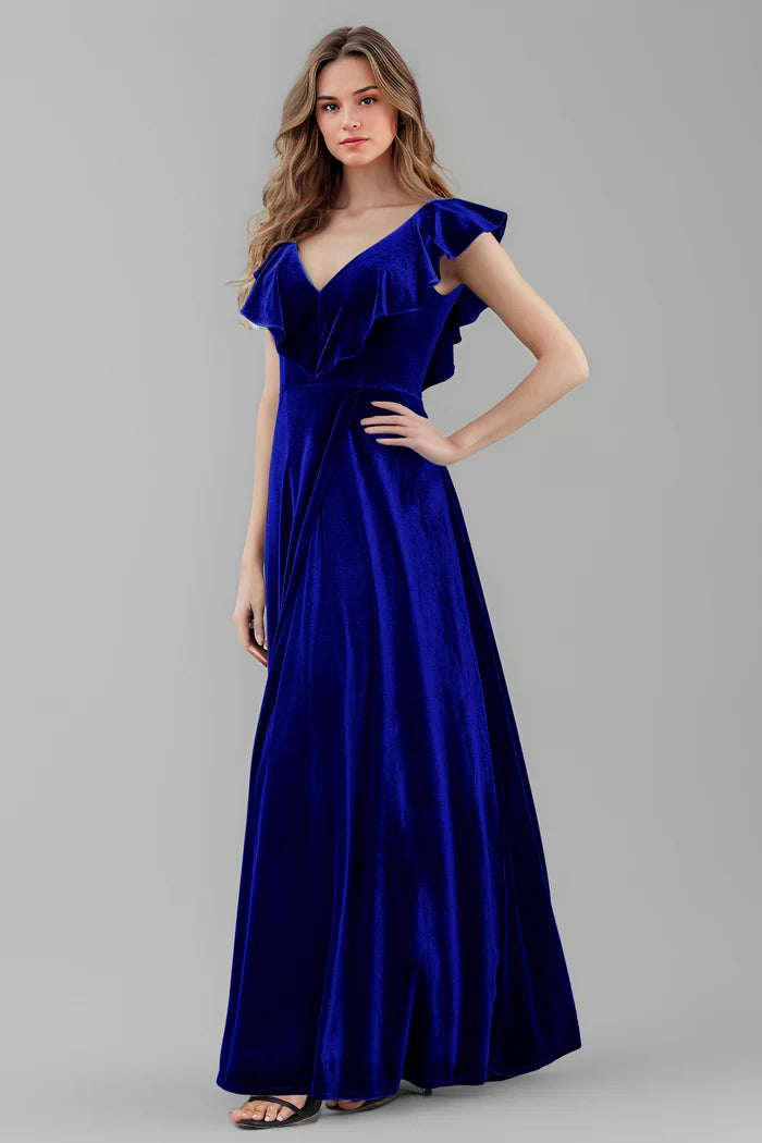 Glamorous A-Line Deep-V Ruffle-Sleeve V-Back Floor-Length Bridesmaid Dresses