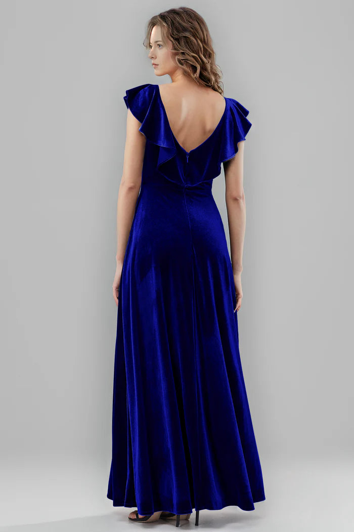 Glamorous A-Line Deep-V Ruffle-Sleeve V-Back Floor-Length Bridesmaid Dresses
