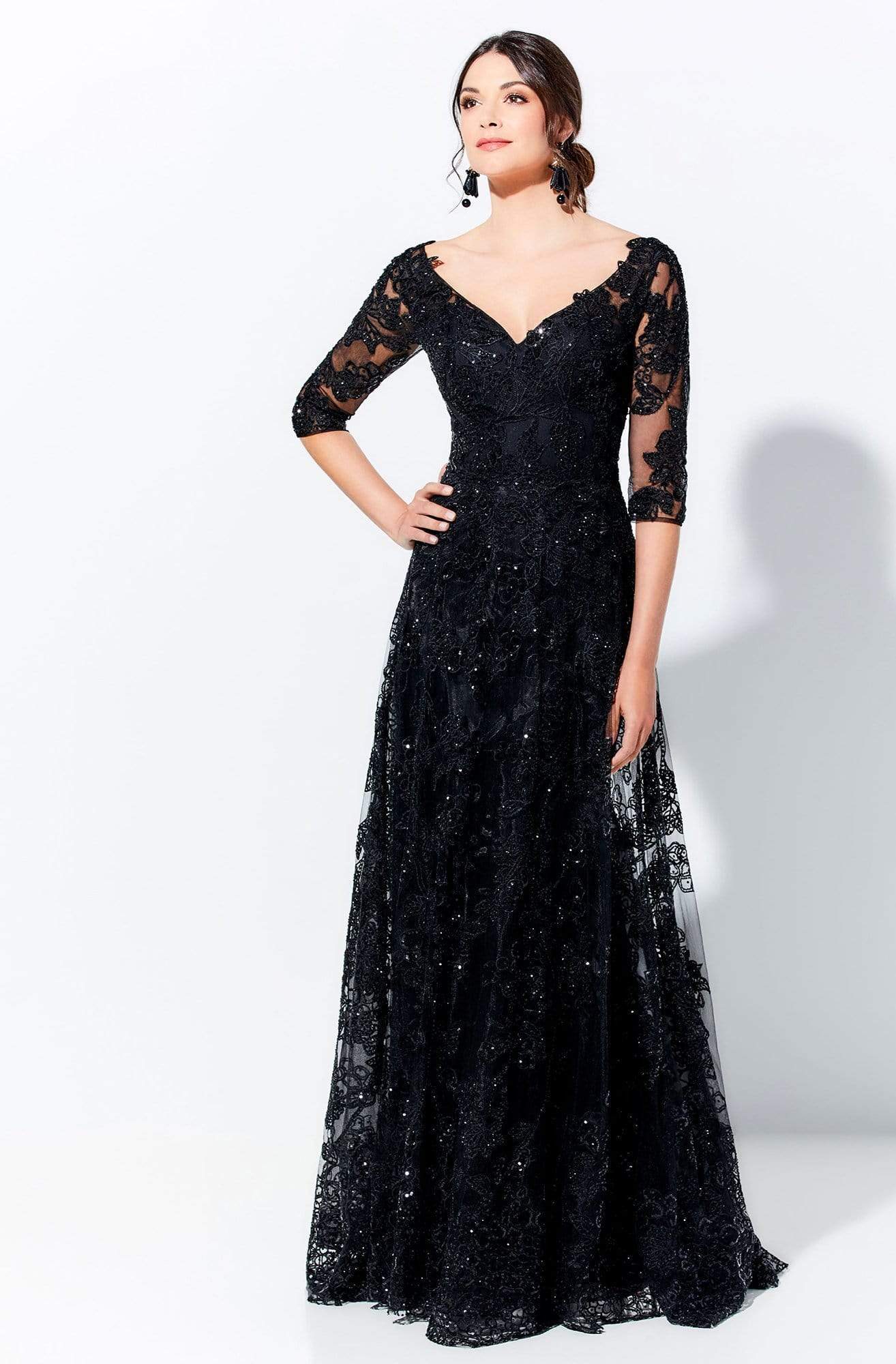 Glamorous A-Line Deep-V Three-Quarter-Sleeve V-Back Black Sequin-Lace Tulle Train Floor-Length Mother of the Bride Dresses