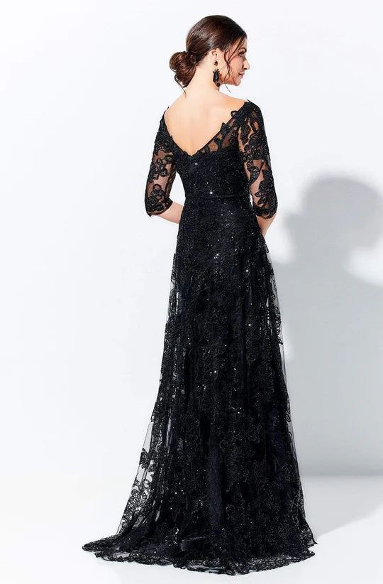 Glamorous A-Line Deep-V Three-Quarter-Sleeve V-Back Black Sequin-Lace Tulle Train Floor-Length Mother of the Bride Dresses