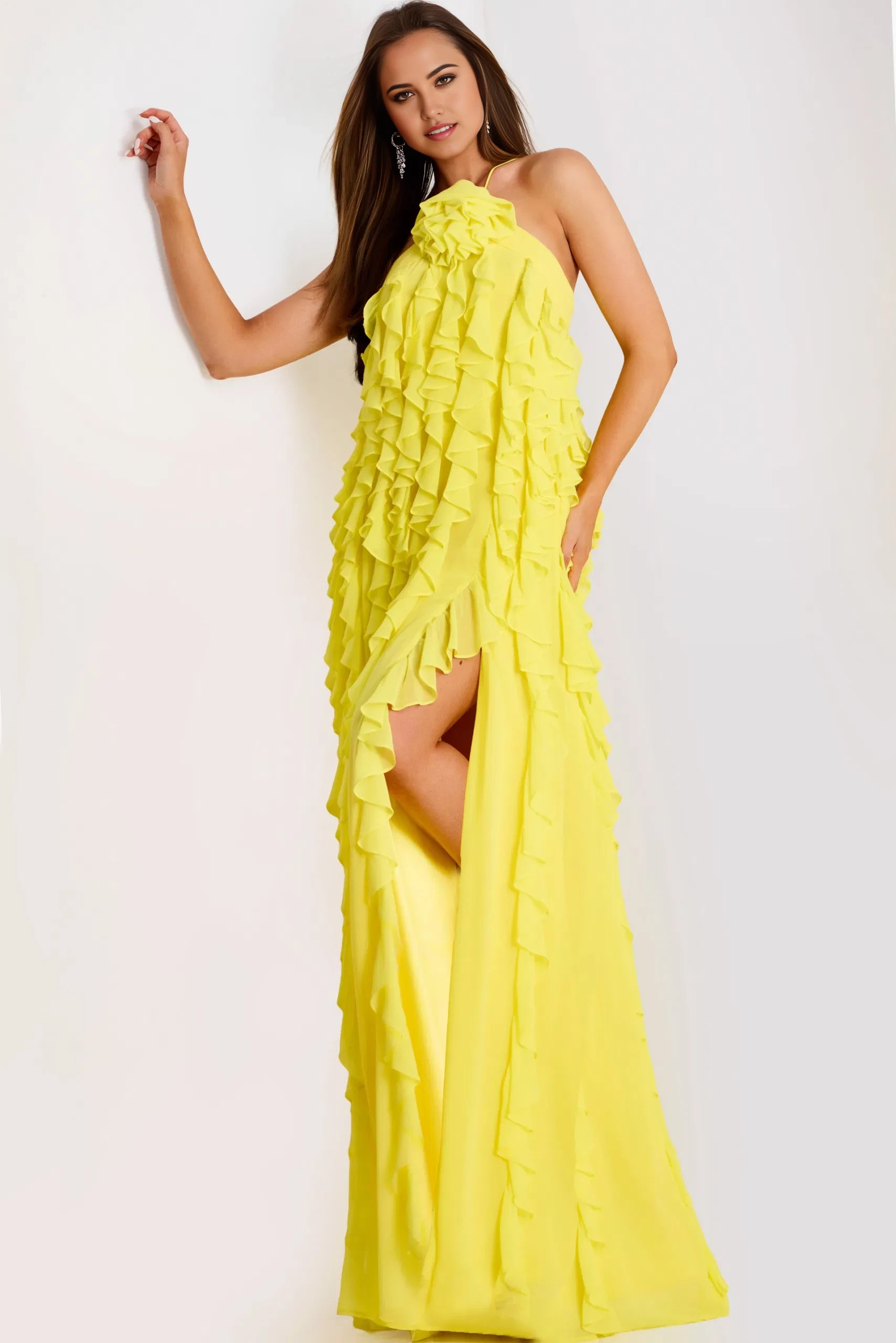 Glamorous A-Line Halter Neck Ruffle-Accent High-Slit Open-Back Long Length Evening Dresses