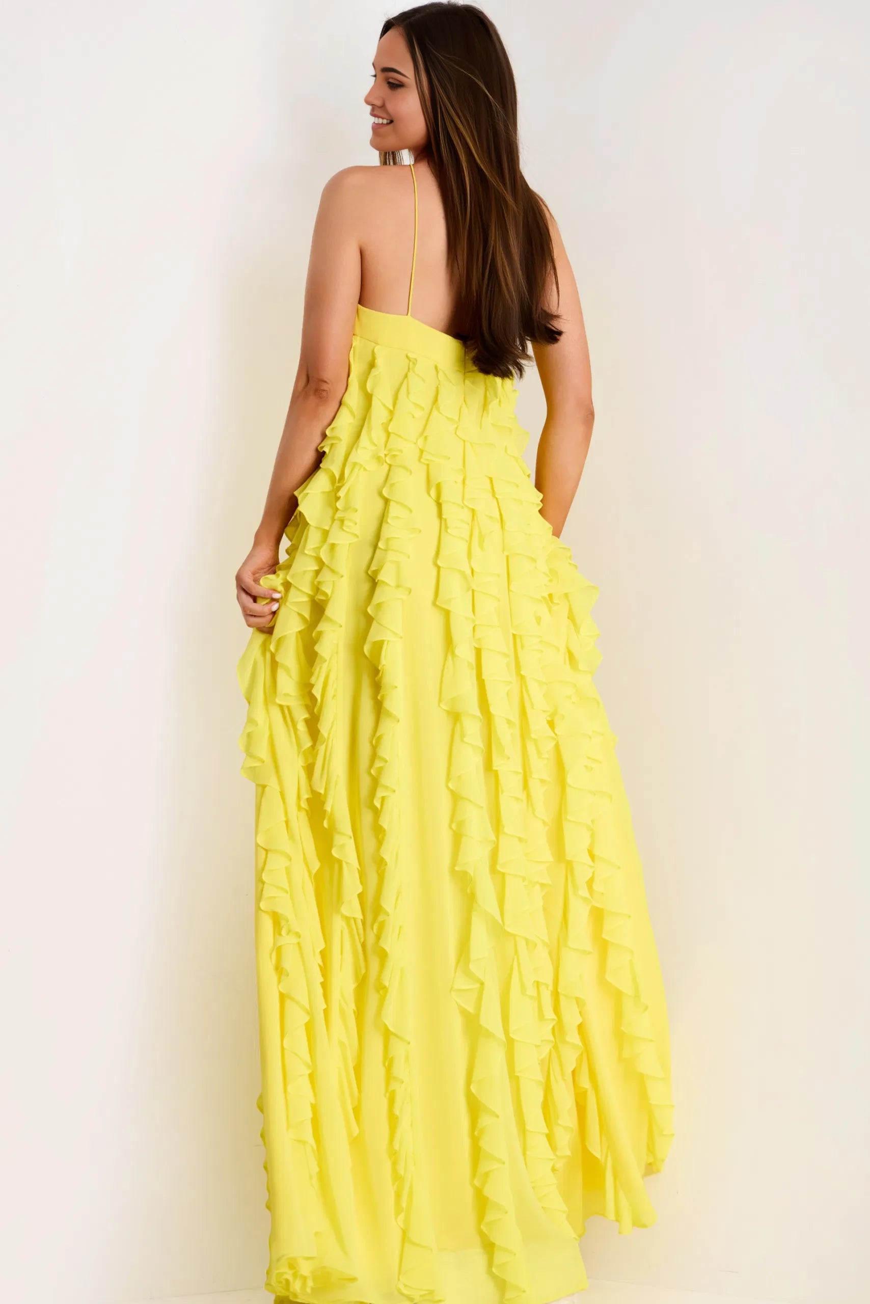 Glamorous A-Line Halter Neck Ruffle-Accent High-Slit Open-Back Long Length Evening Dresses