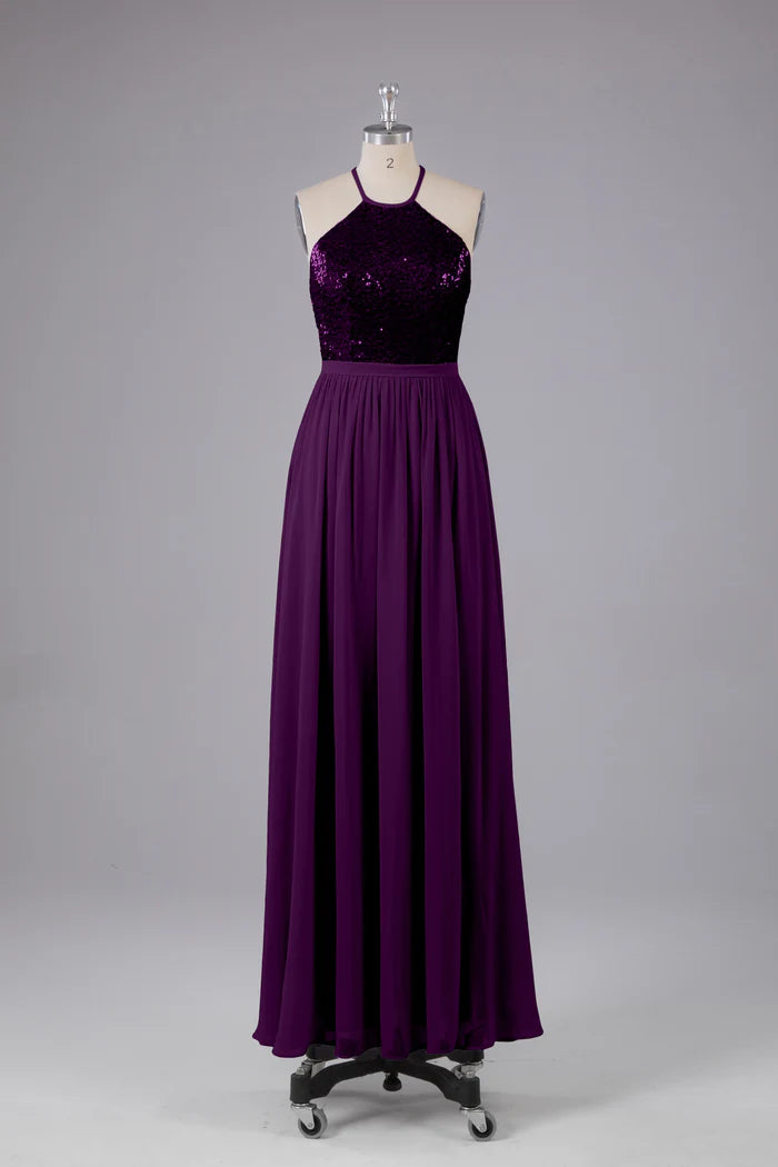 Glamorous A-Line Halter-Neck Sequin Cut-Out-Back Chiffon Floor-Length Bridesmaid Dresses