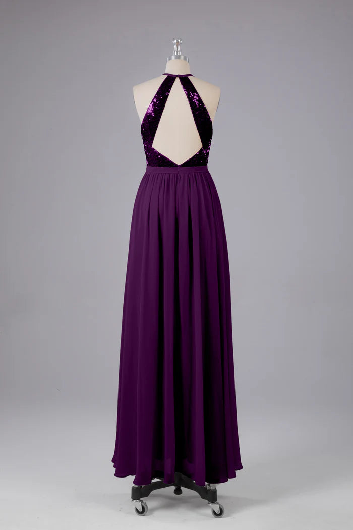 Glamorous A-Line Halter-Neck Sequin Cut-Out-Back Chiffon Floor-Length Bridesmaid Dresses
