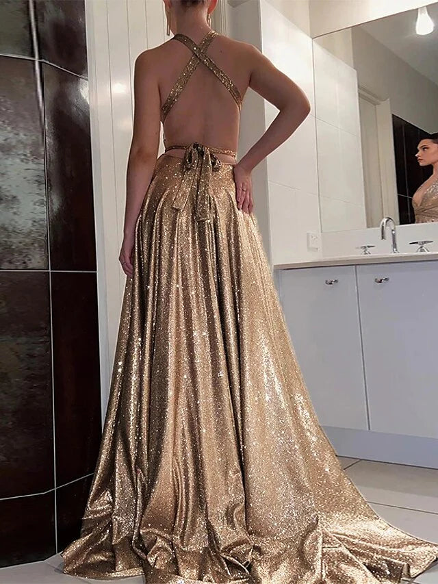 Glamorous A - Line Halter Neck Sleeveless Criss - Cross Back Long Length Prom Dresses