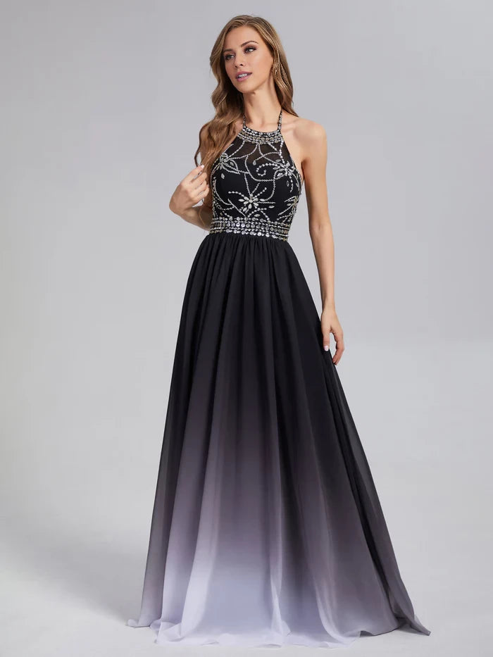 Glamorous A - Line Halter Neck Sleeveless Lace - Up Back Long Length Prom Dresses