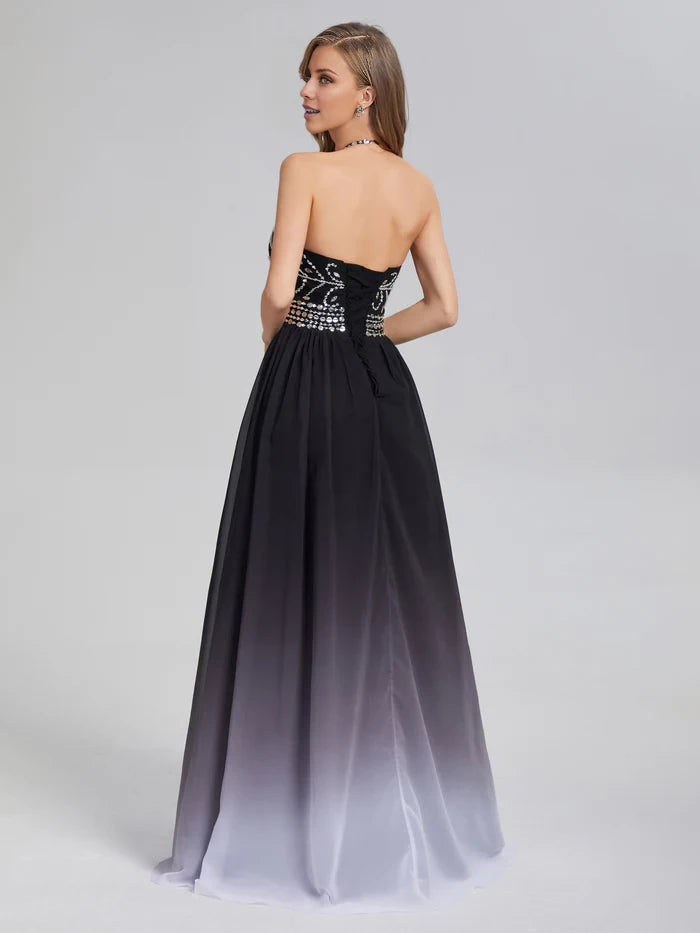 Glamorous A - Line Halter Neck Sleeveless Lace - Up Back Long Length Prom Dresses