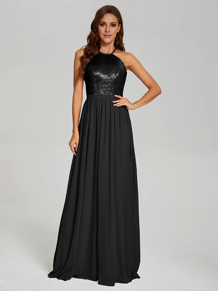 Glamorous A - Line Halter Neck Sleeveless Open Back Long Length Prom Dresses