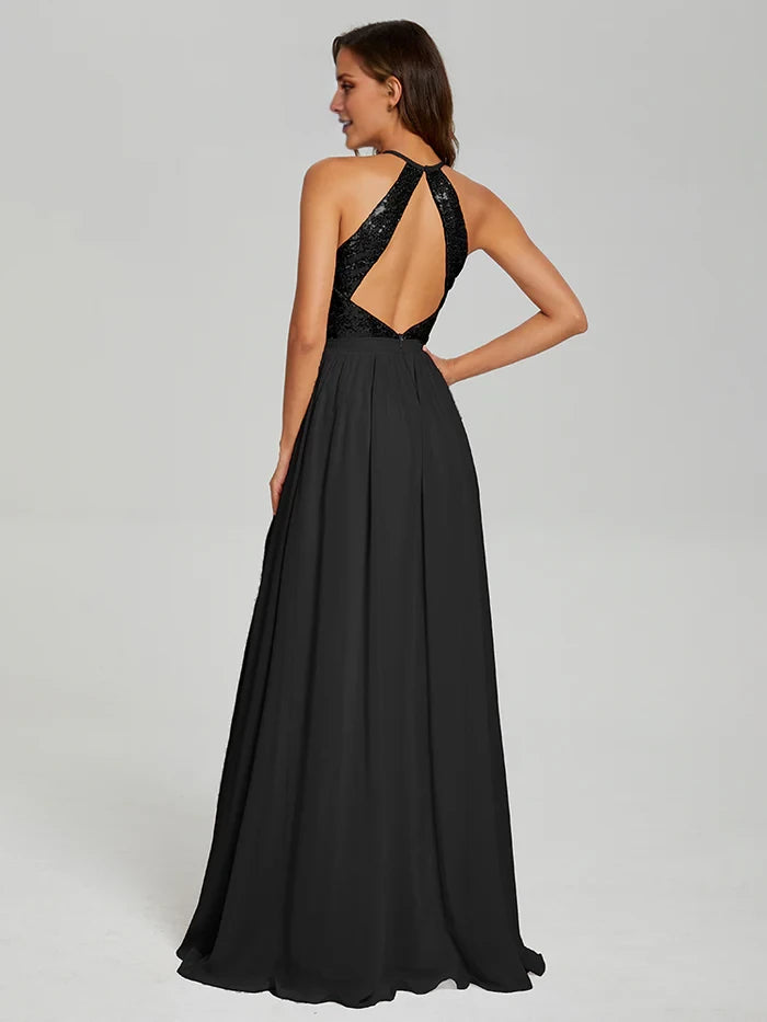 Glamorous A - Line Halter Neck Sleeveless Open Back Long Length Prom Dresses