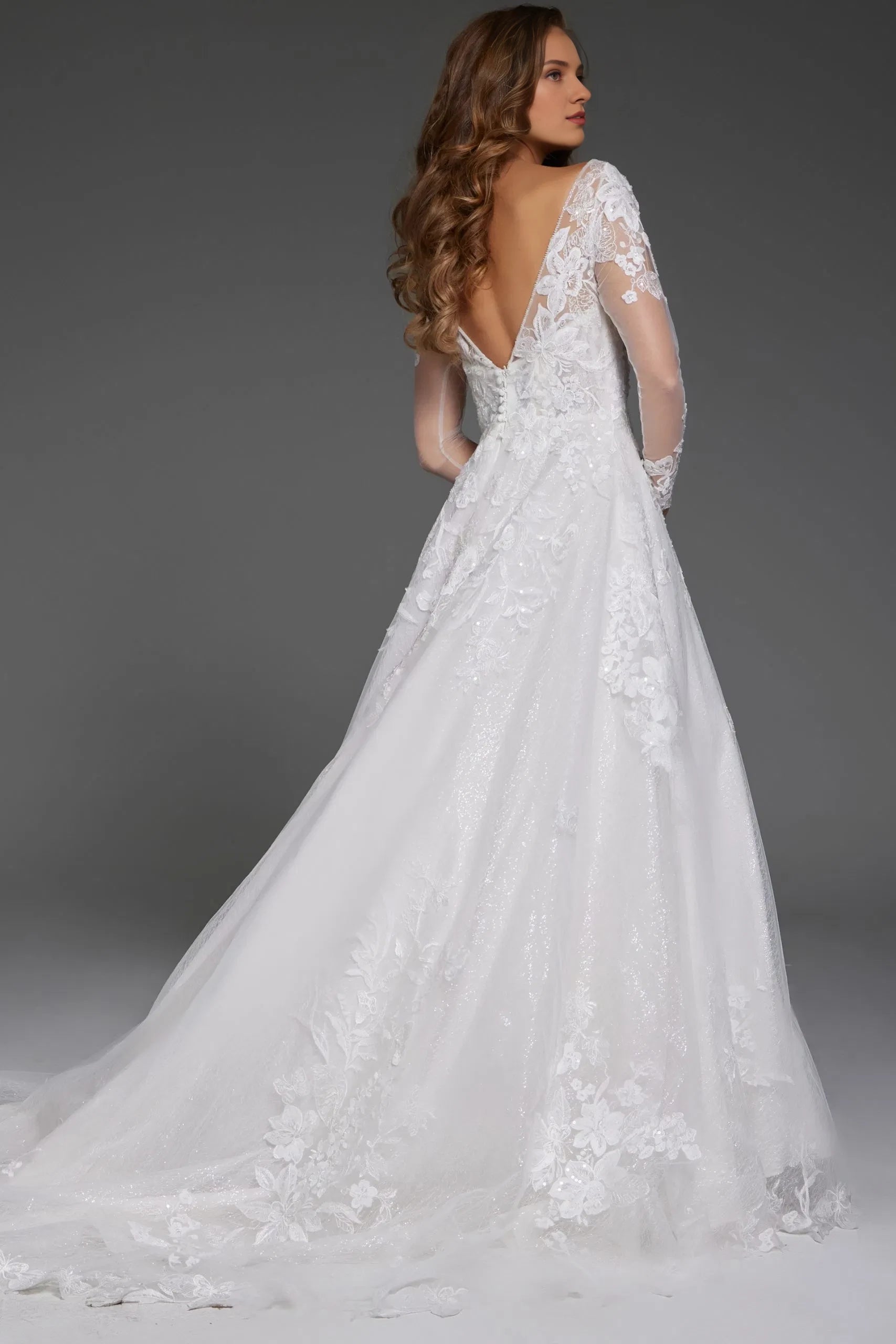 Glamorous A-Line Long-Sleeve Floral-Lace Deep-V Open-Back Train Length Wedding Dresses