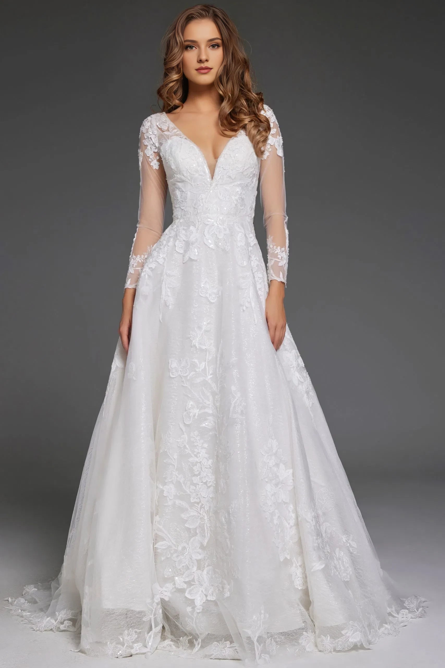Glamorous A-Line Long-Sleeve Floral-Lace Deep-V Open-Back Train Length Wedding Dresses