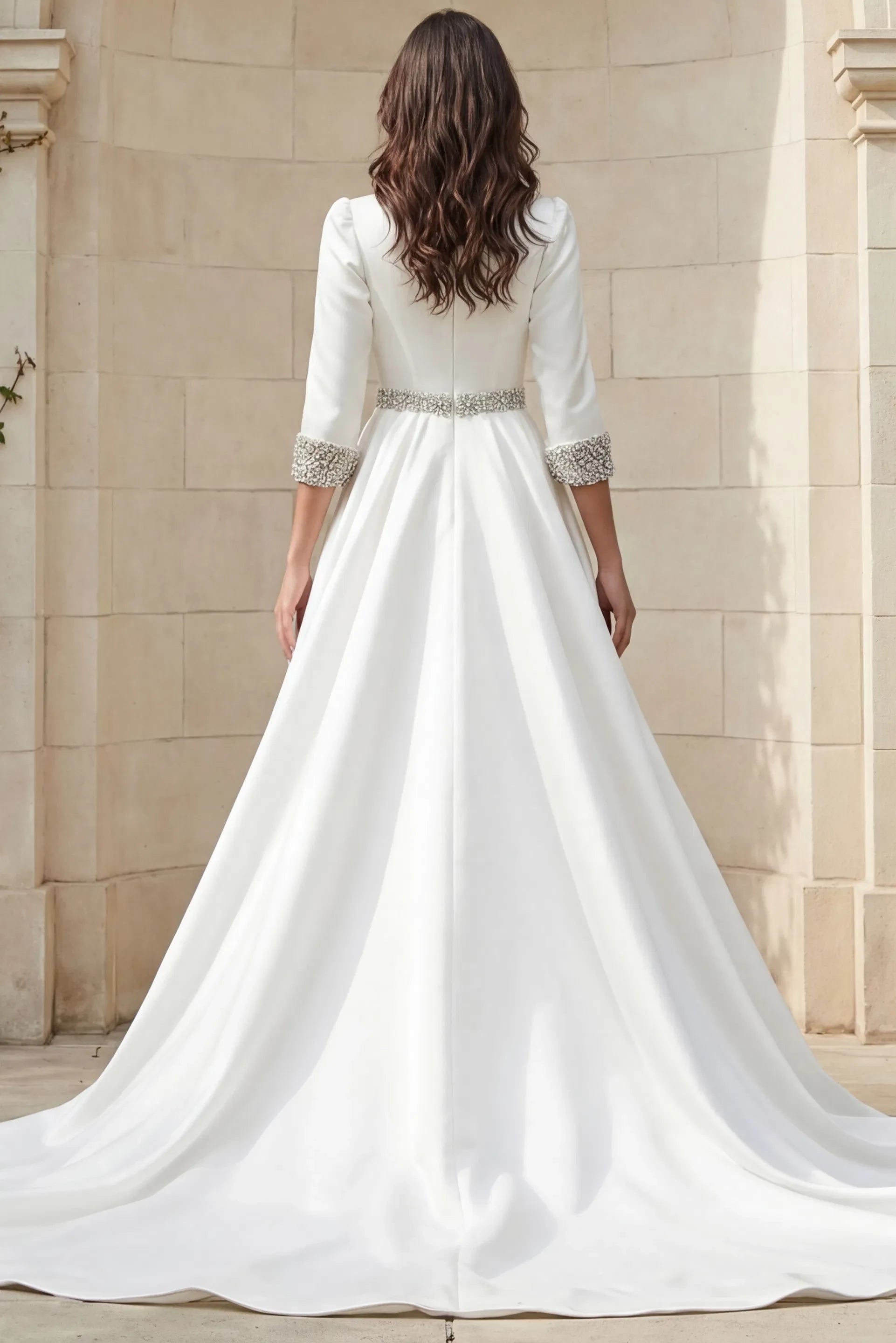 Glamorous A-Line Long-Sleeve Satin Deep-V Beaded-Waist Train Length Wedding Dresses