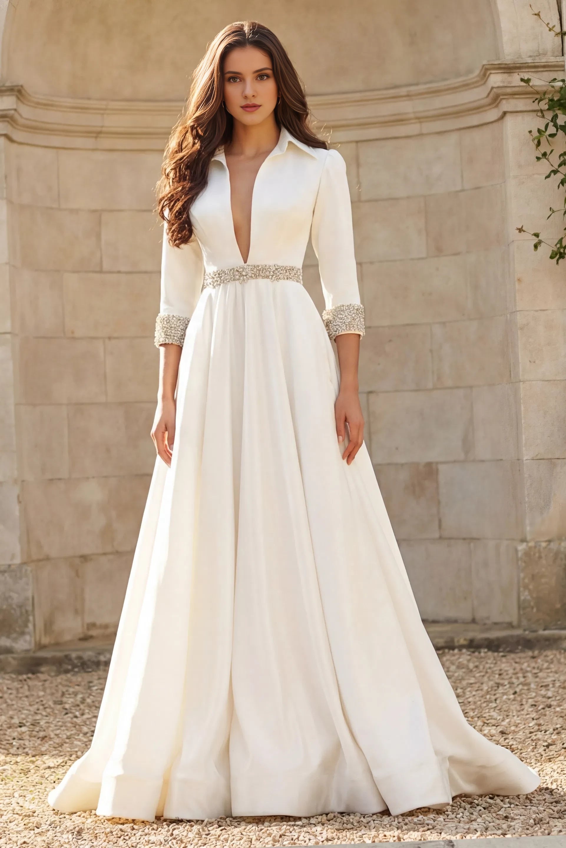 Glamorous A-Line Long-Sleeve Satin Deep-V Beaded-Waist Train Length Wedding Dresses