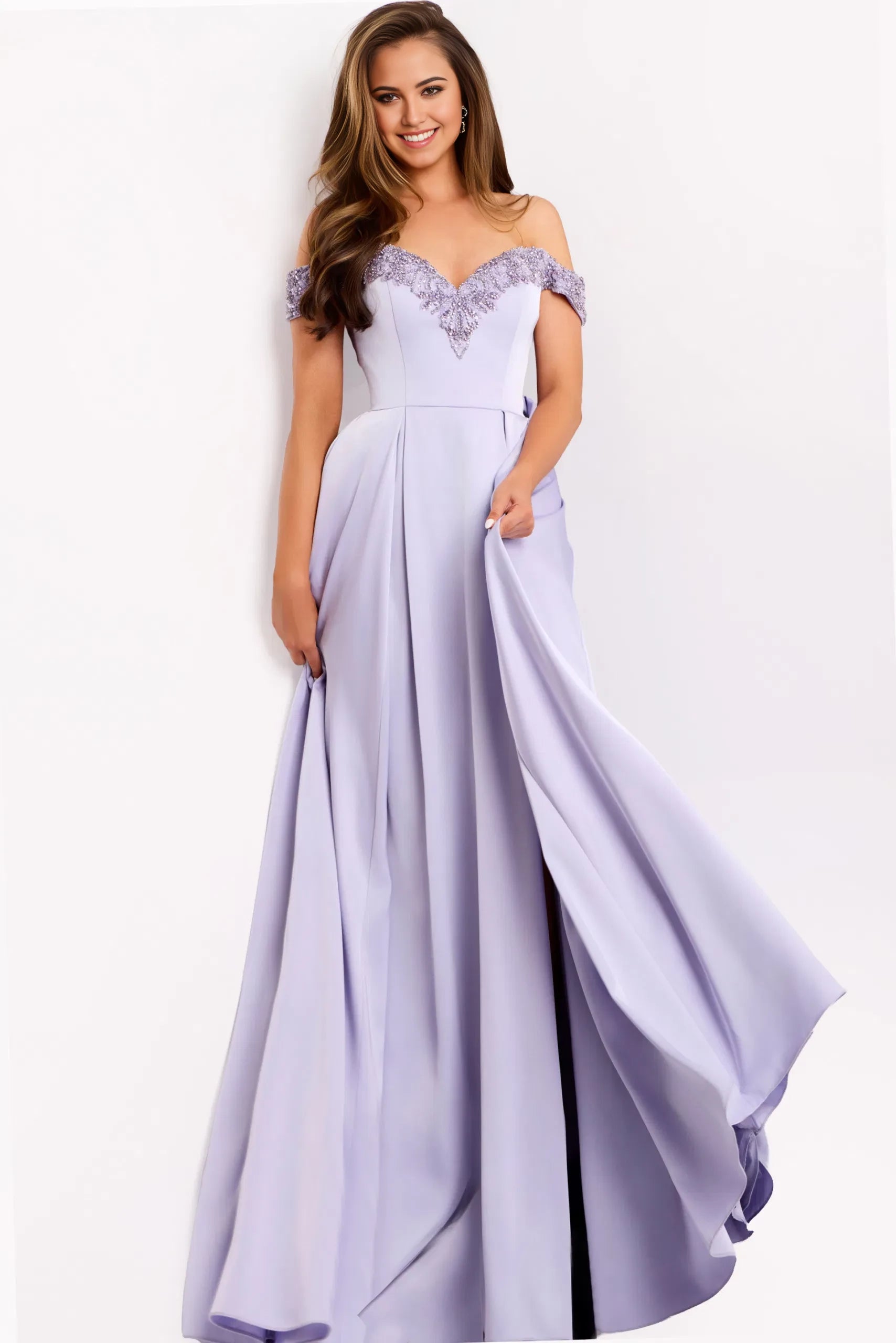 Glamorous A-Line Off-Shoulder Beaded-Accent High-Slit Long Length Evening Dresses