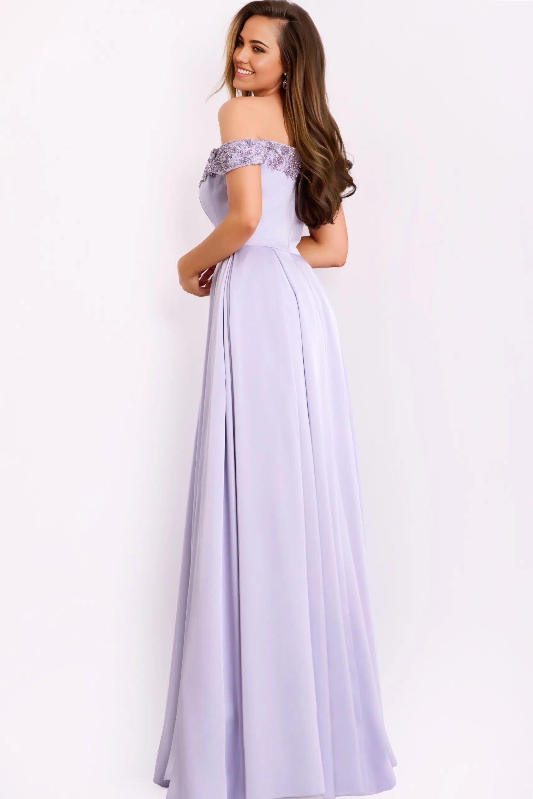 Glamorous A-Line Off-Shoulder Beaded-Accent High-Slit Long Length Evening Dresses