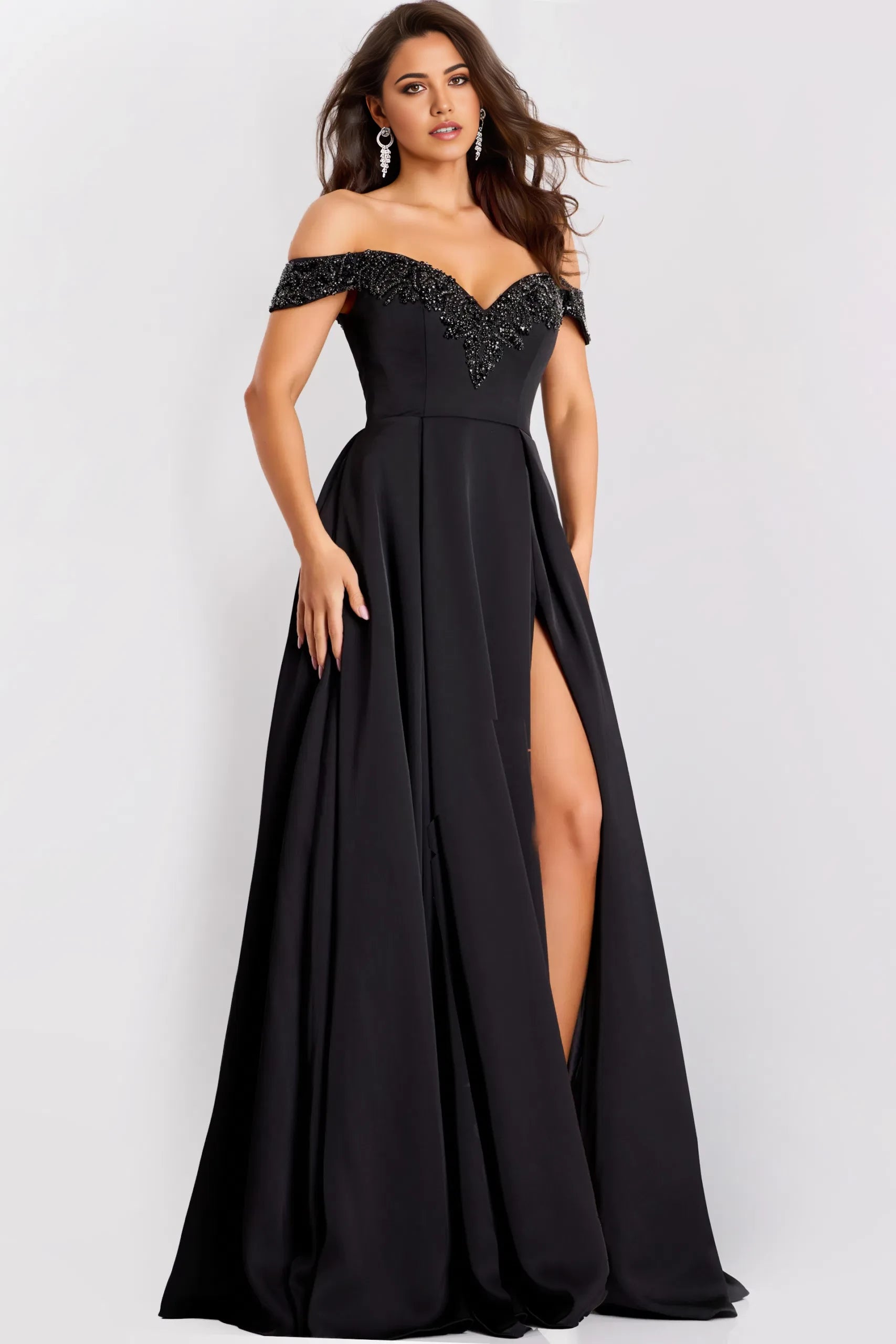 Glamorous A-Line Off-Shoulder Beaded-Accent Slit-Accent Long Length Evening Dresses