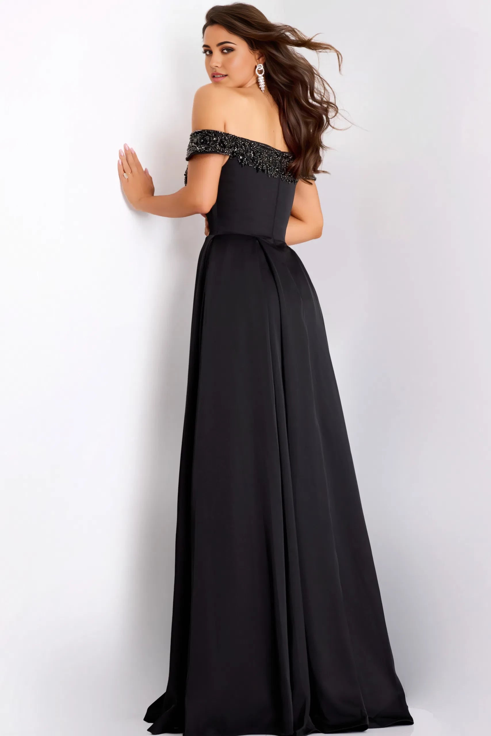Glamorous A-Line Off-Shoulder Beaded-Accent Slit-Accent Long Length Evening Dresses