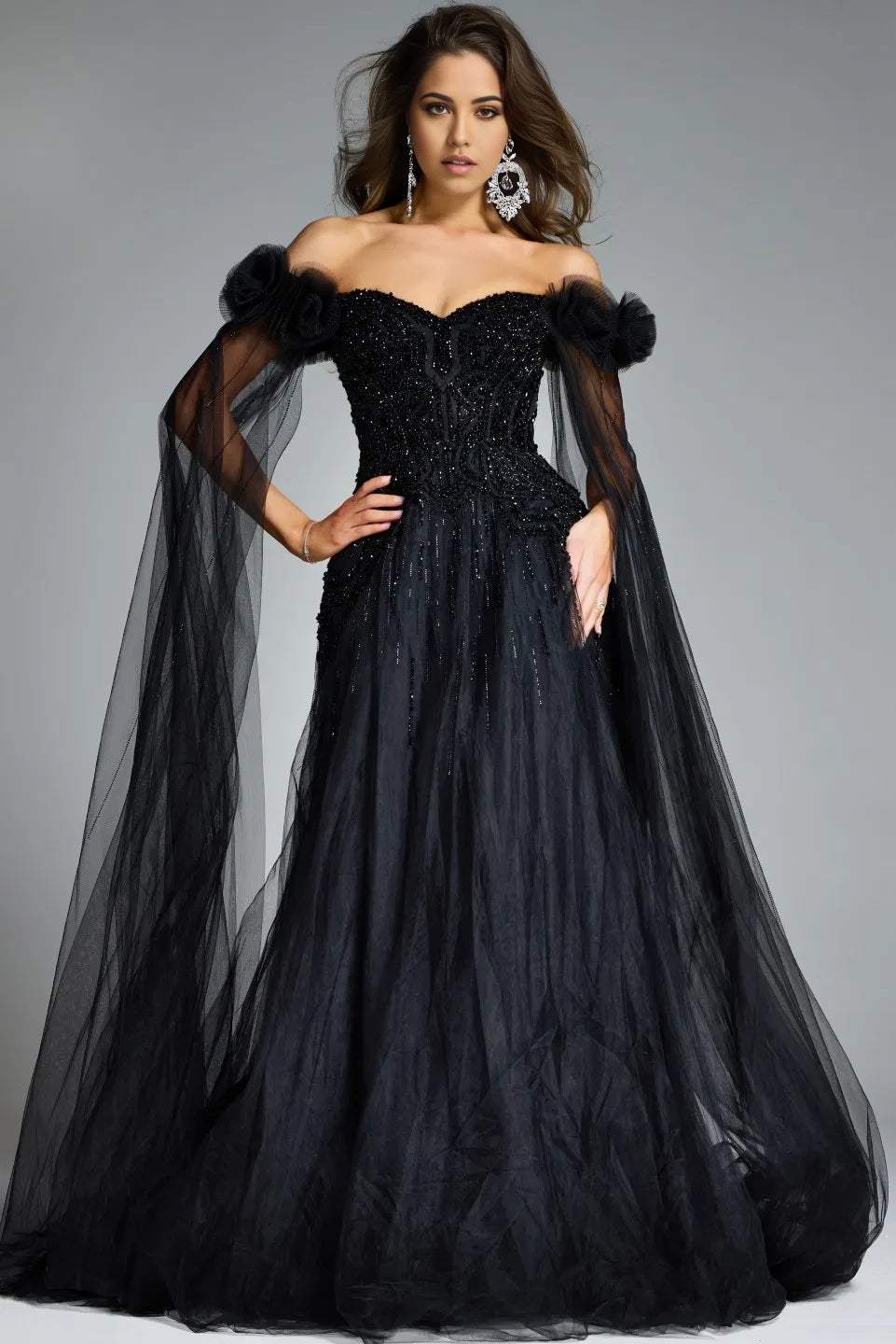 Glamorous A-Line Off-Shoulder Beaded-Bodice Tulle-Cape-Sleeve Long Length Evening Dresses