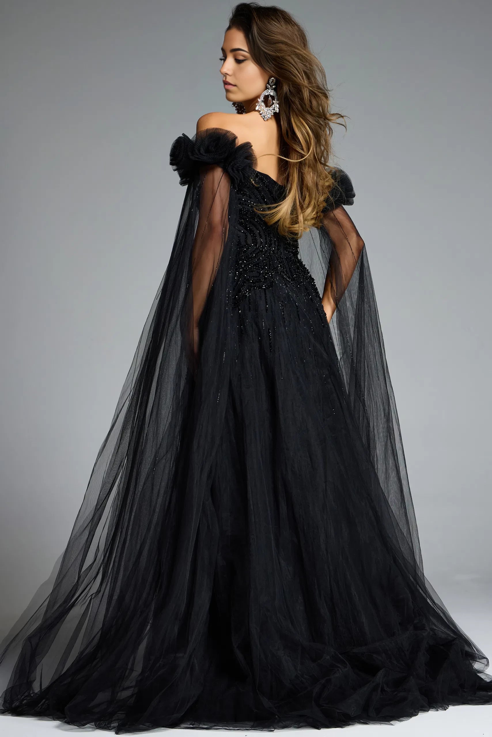 Glamorous A-Line Off-Shoulder Beaded-Bodice Tulle-Cape-Sleeve Long Length Evening Dresses