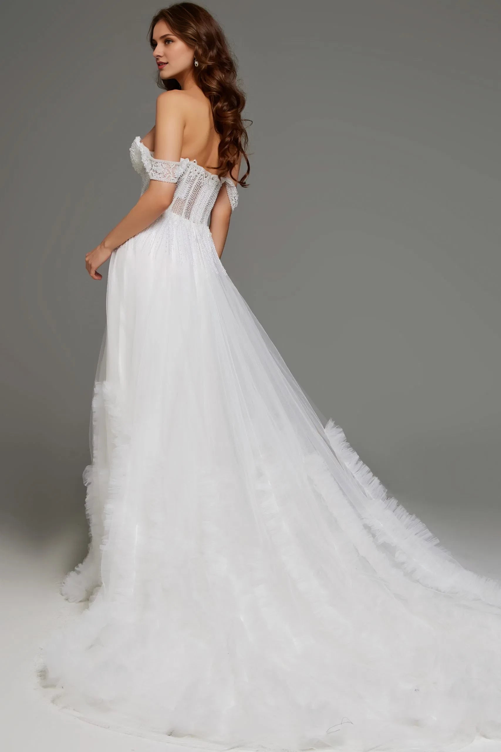 Glamorous A-Line Off-Shoulder Beaded-Tulle Ruffled-Back High-Slit Train Length Wedding Dresses