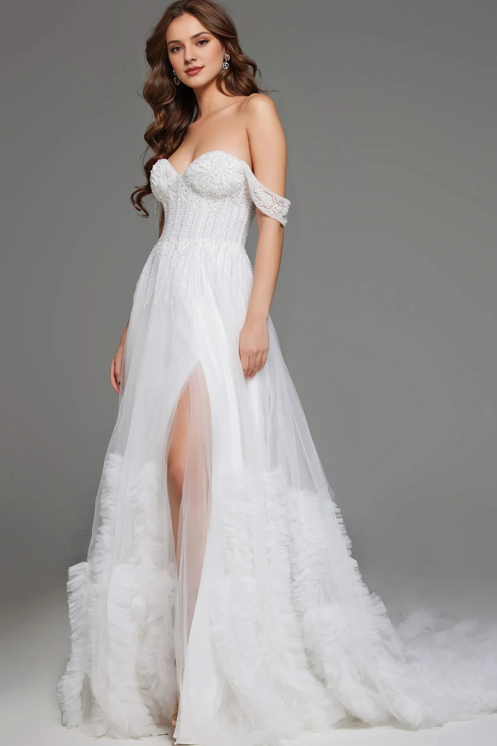 Glamorous A-Line Off-Shoulder Beaded-Tulle Ruffled-Back High-Slit Train Length Wedding Dresses