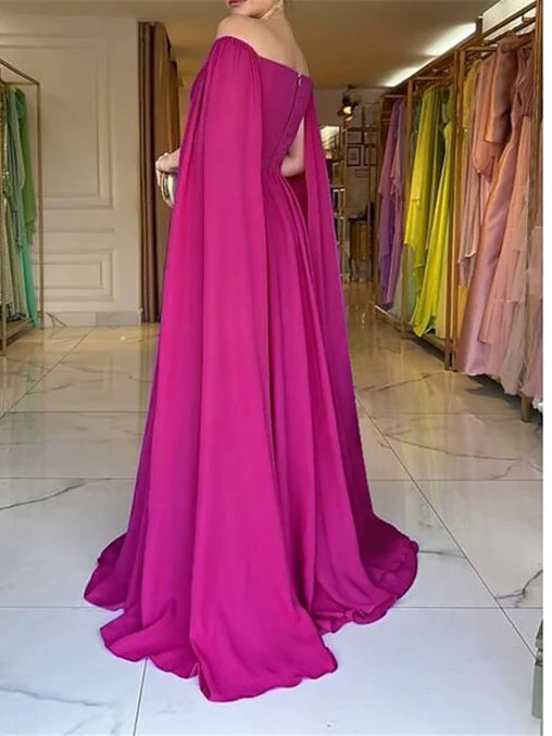 Glamorous A - Line Off - Shoulder Cape Sleeve Zipper Back Long Length Prom Dresses