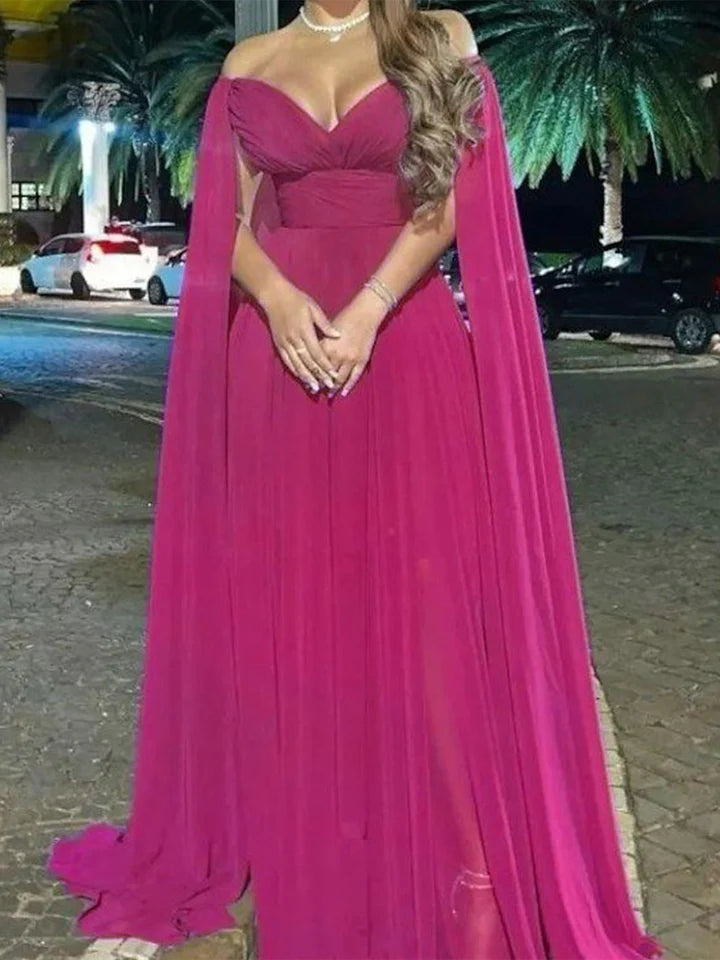 Glamorous A - Line Off - Shoulder Cape Sleeve Zipper Back Long Length Prom Dresses