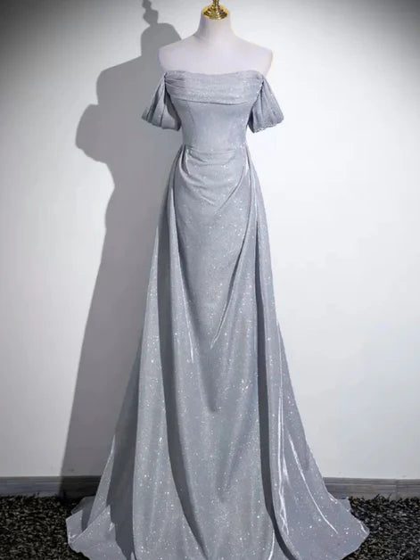 Glamorous A-Line Off-Shoulder Puff-Sleeve Sequin-Embellished Lace-Up Back Train Length Evening Dresses