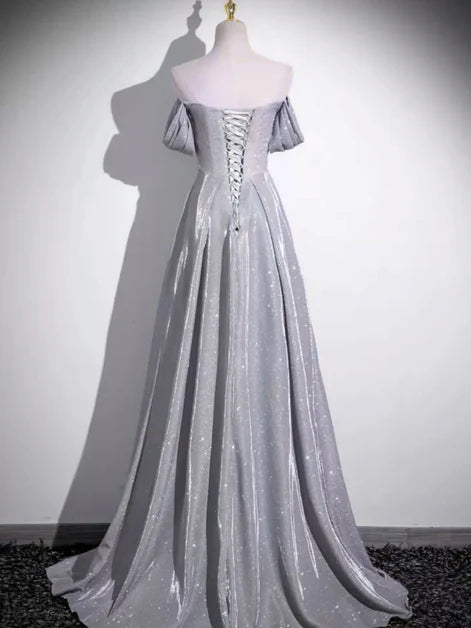 Glamorous A-Line Off-Shoulder Puff-Sleeve Sequin-Embellished Lace-Up Back Train Length Evening Dresses