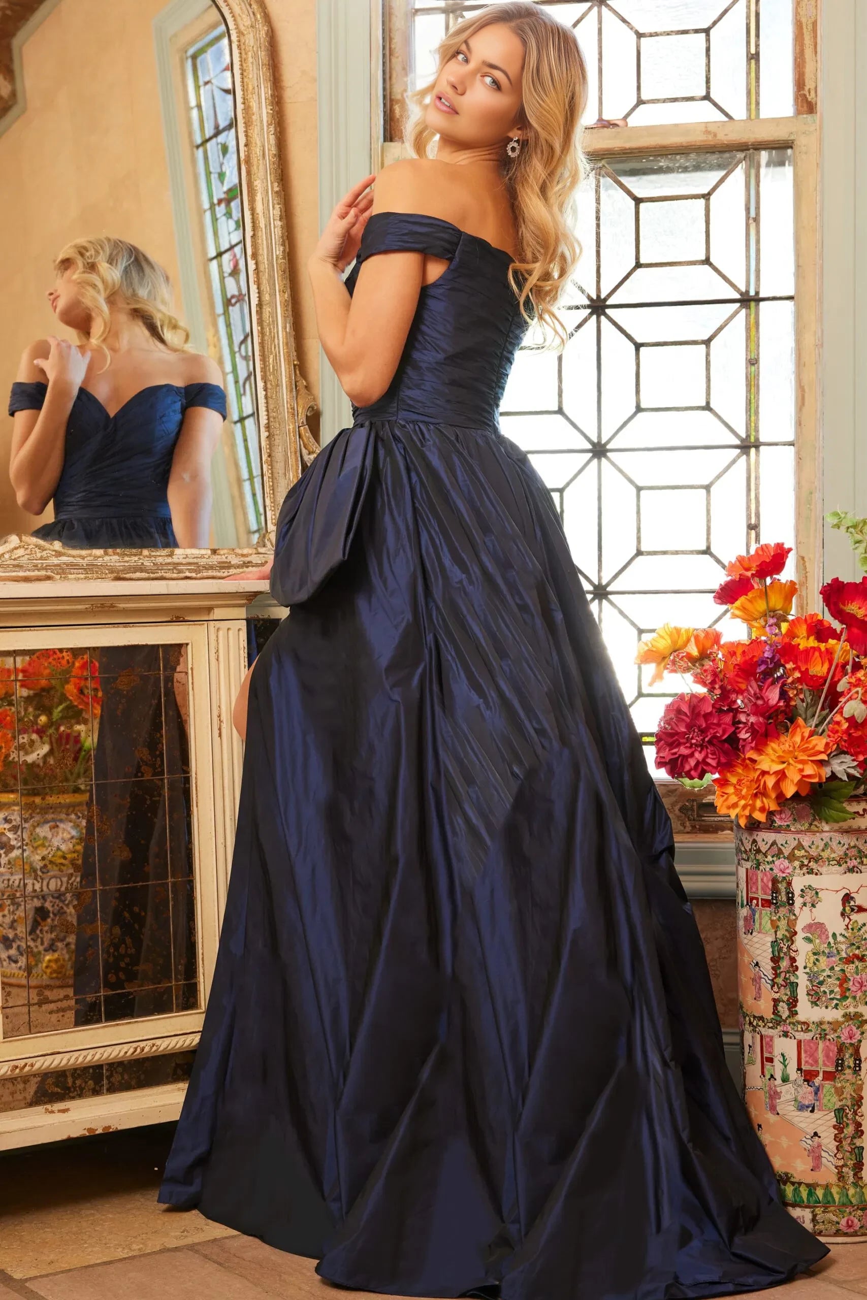 Glamorous A-Line Off-Shoulder Ruched-Bodice High-Slit Long Length Evening Dresses