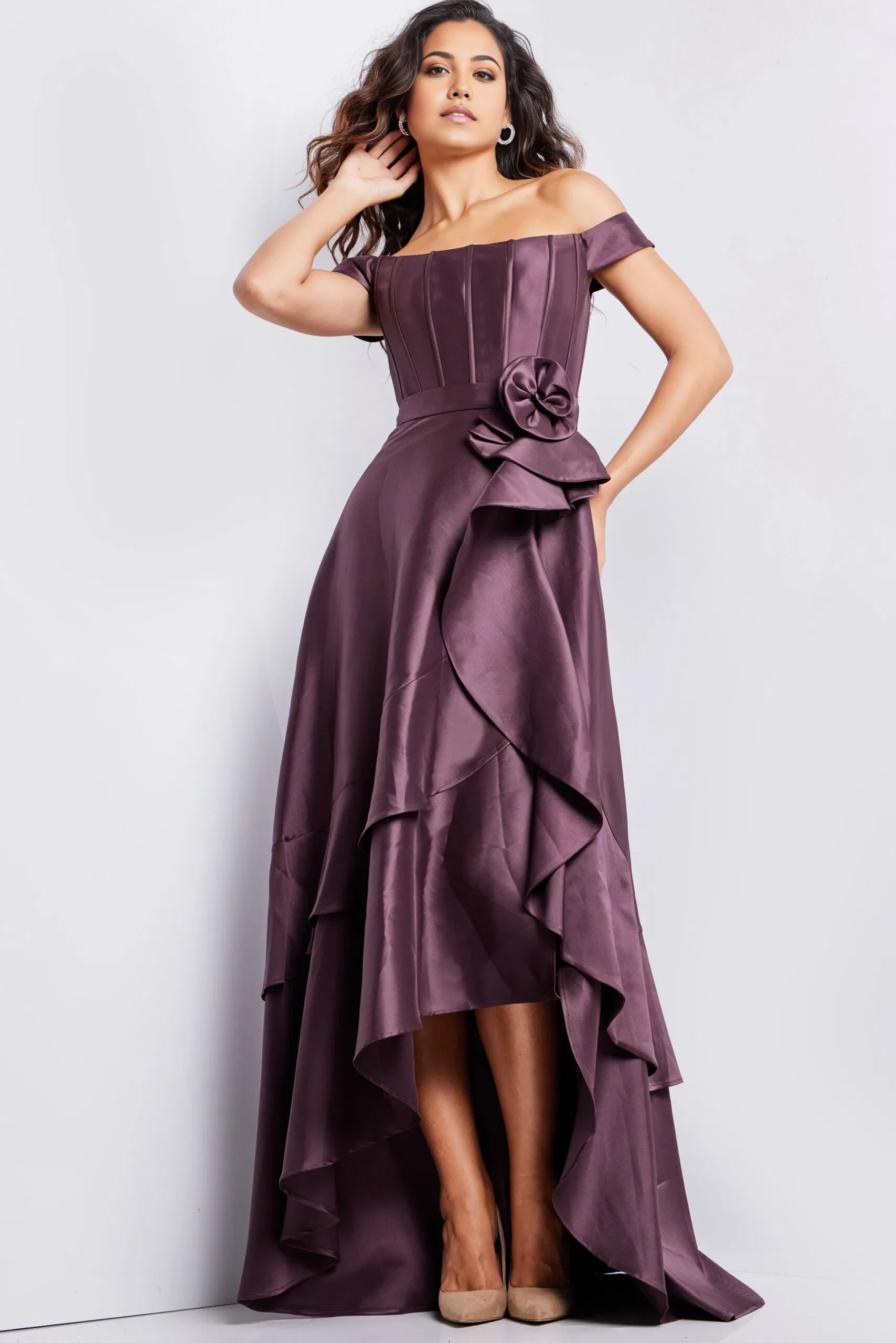 Glamorous A-Line Off-Shoulder Ruffle-Accent High-Low Long Length Evening Dresses
