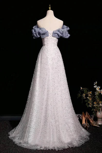Glamorous A-Line Off-Shoulder Ruffled-Sleeve Sequin-Embellished Open-Back Train Length Evening Dresses