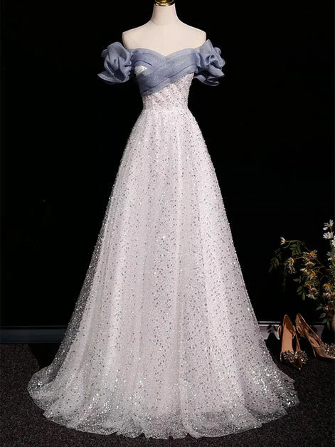 Glamorous A-Line Off-Shoulder Ruffled-Sleeve Sequin-Embellished Open-Back Train Length Evening Dresses