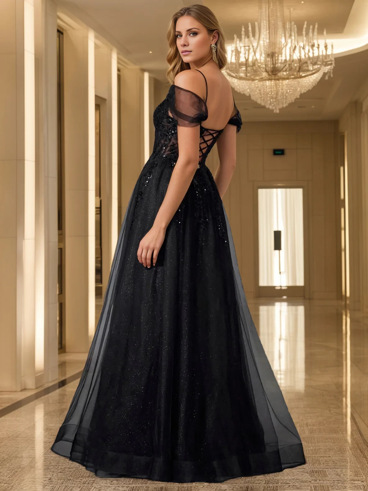 Glamorous A - Line Off - Shoulder Sleeveless Lace - Up Back Floor - Length Evening Gown