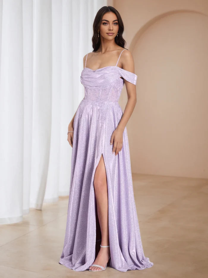 Glamorous A - Line Off - Shoulder Short Sleeve Lace - Up Back Floor Length Prom Dresses