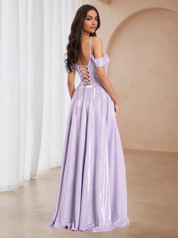 Glamorous A - Line Off - Shoulder Short Sleeve Lace - Up Back Floor Length Prom Dresses
