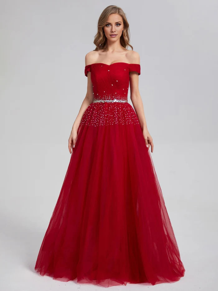 Glamorous A - Line Off - Shoulder Short - Sleeve Lace - Up Back Long Length Prom Dresses