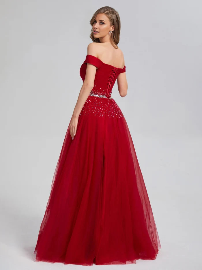 Glamorous A - Line Off - Shoulder Short - Sleeve Lace - Up Back Long Length Prom Dresses