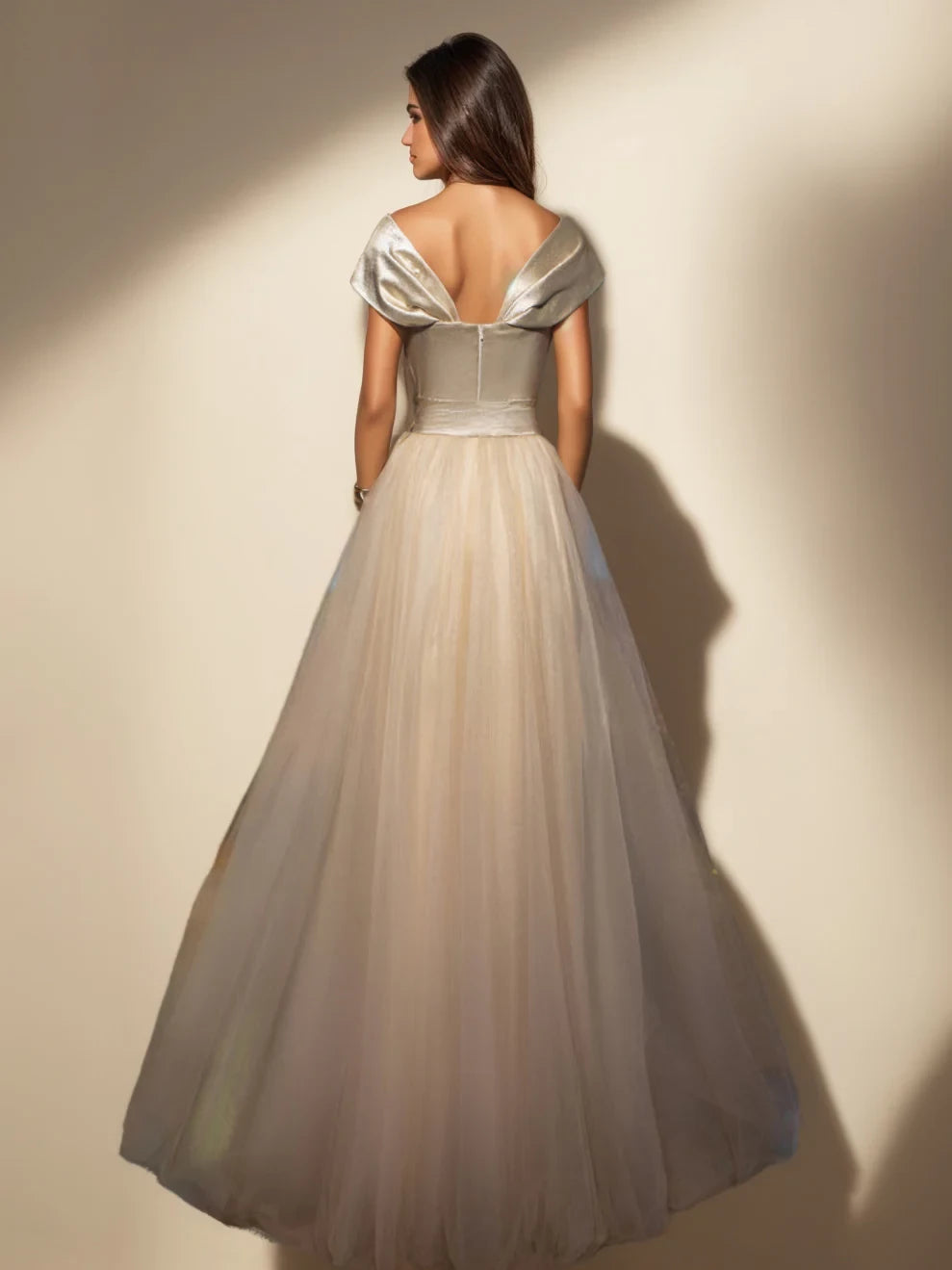 Glamorous A - Line Off - Shoulder Short - Sleeve Zipper Back Floor - Length Evening Gown