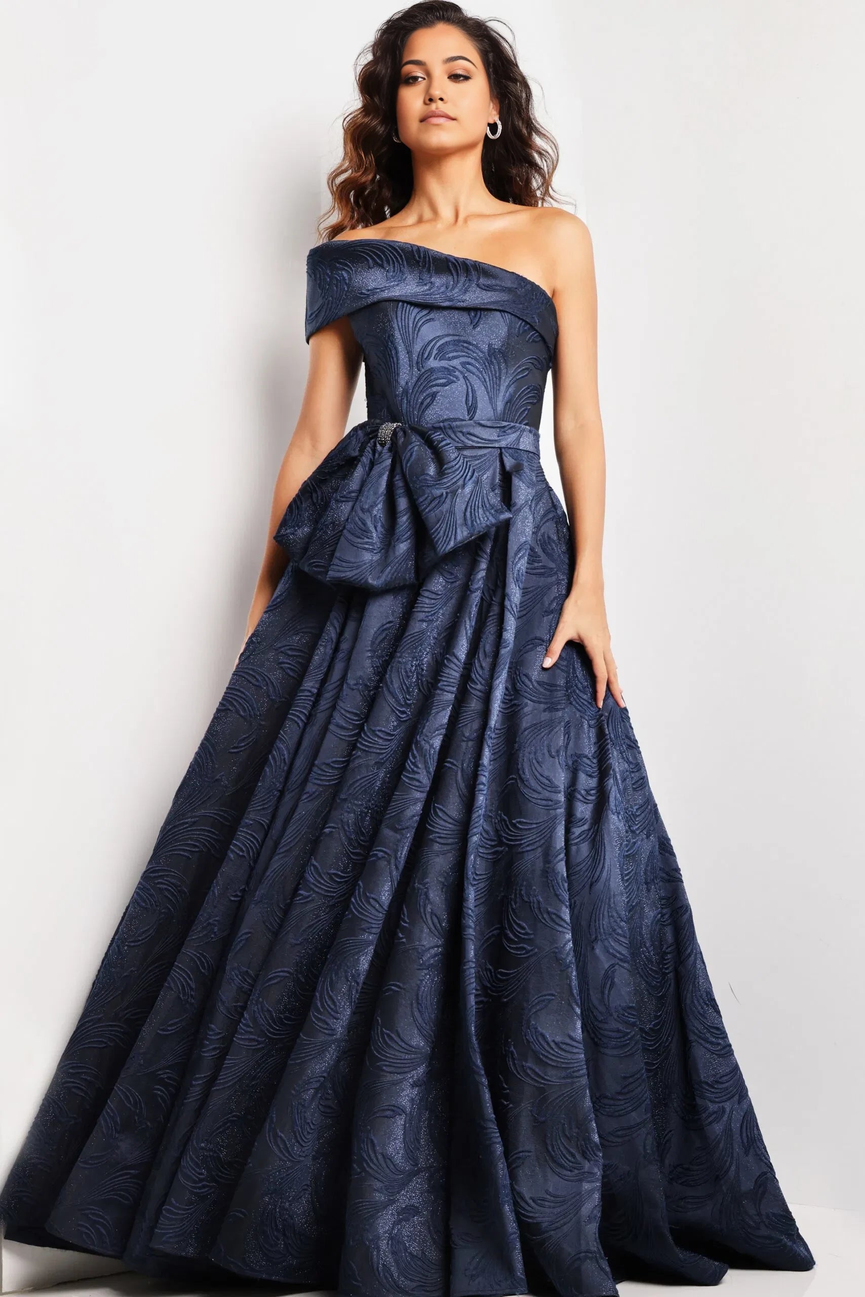 Glamorous A-Line One-Shoulder Bow-Accent Textured Long Length Evening Dresses
