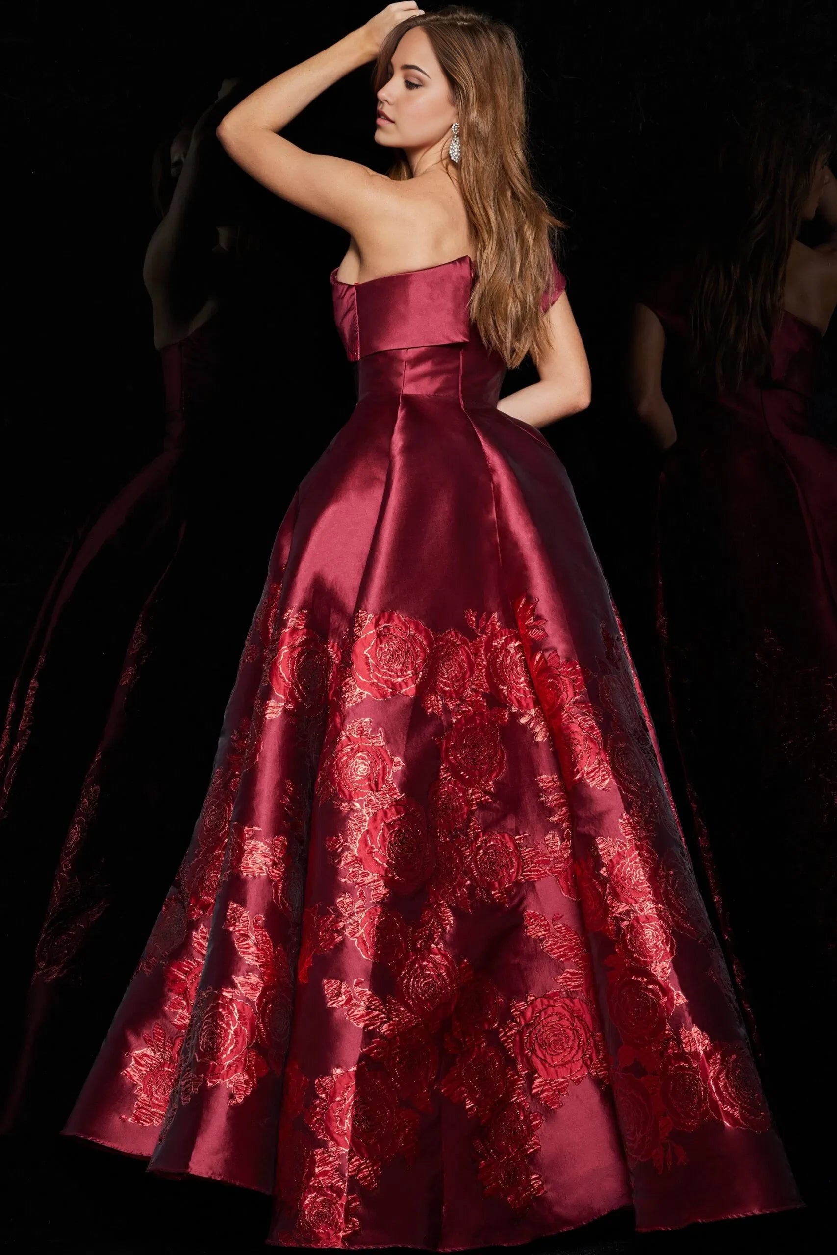 Glamorous A-Line One-Shoulder Brocade Floral High-Slit Long Length Evening Dresses